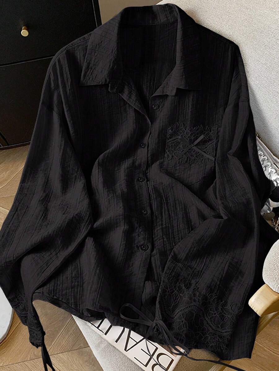 SHEIN Clasi 女士纯色简约优雅长袖衬衫，日常穿着 - 黑色 - 查看 1