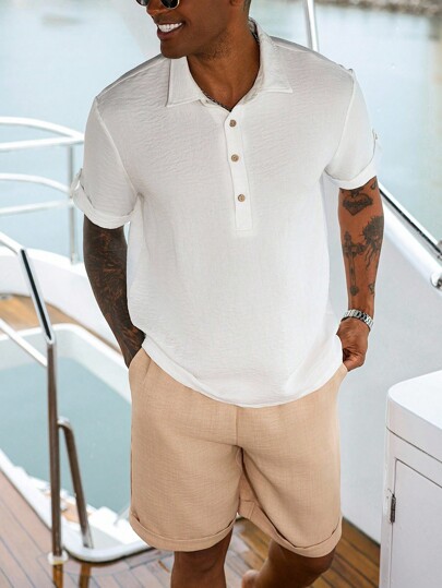 Manfinity Homme Men's Casual Short Sleeve Shirt And Drawstring Shorts Set