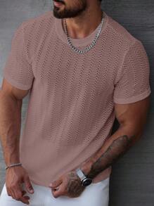 Manfinity Homme 男士夏季麦穗图案圆领短袖休闲T恤男士钩针衬衫男士杏色T恤针织T恤男士网眼男士上衣玫瑰金男士T恤 - 藕粉色 - 查看 1