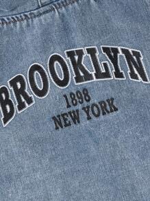 SHEIN 2 件套男童街头风格破洞印花连帽背心（带口袋）和牛仔裤套装