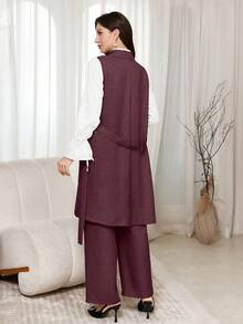 Modelyn 3 件套女士纯色前扣简约长袖衬衫、前领带无袖夹克和长裤休闲西装套装 2 件套 - 中紫紅色 - 查看 2