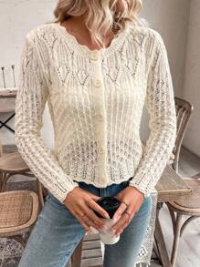SHEIN PETITE 女士圆领镂空前扣开衫，针织毛衣外套，秋冬 - 米色 - 查看 5