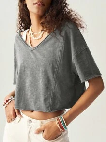 Bohemela Women's Casual Solid Color V-Neck Short Sleeve Loose T-Shirt Grey Crop Top Oversized Crop Top Baggy Crop Top Oversized Cropped T Shirt
