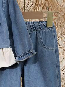 SHEIN Vintaside Kids 女宝宝韩版优雅3D蝴蝶结时尚套装，秋冬 - 藍色 - 查看 9