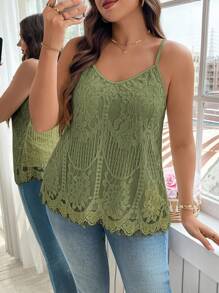 Reflora Camiseta de tirantes de encaje de unicolor informal de talla grande