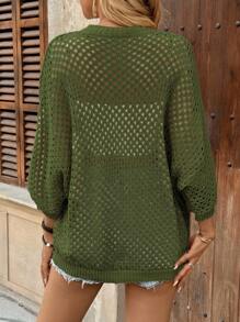 Breezaya 女款休闲宽松蝙蝠袖镂空针织衫，杏色，春秋 - 軍綠色 - 查看 2