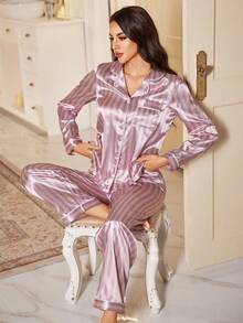 LuxeNights 女士仿丝条纹长袖上衣和裤子缎面睡衣套装、睡衣套装、秋装 - 粉色 - 查看 5