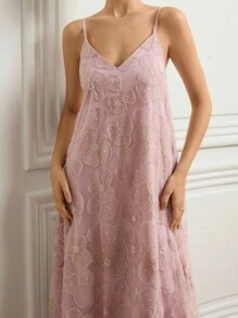 Aveloria Rosie 奢华小众亮片镂空花卉 3D 串珠刺绣连衣裙，女式长礼服 - 藕粉色 - 查看 5