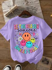 Glissea Camiseta casual de manga corta con cuello redondo, estampado de lema y rostro para mujer de talla grande - Púrpura malva - Ver 3