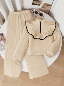 Tween Girl Casual Ruffle T-Shirt And Pants Set - Beige - View 1