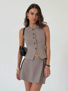 Aloruh Solid Color Round Neck Front Button Sleeveless Top And Mini Skirt Elegant 2 Pieces Set In Fall/Winter