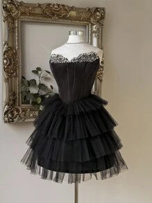 Lovelzi 优雅奢华红色哑光缎面手工水钻缀饰露肩蝴蝶结装饰 A 字褶皱礼服 - 黑色 - 查看 4