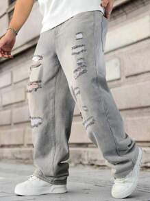 Manfinity Homme Plus Size Men's Casual Washed Distressed Denim Jeans - Grey - View 5