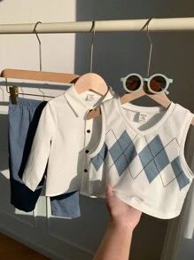SHEIN 3pcs Baby Boy Casual Argyle Vest, White Shirt, Blue Casual Pants Outfit, Suitable For Birthday Party, Evening Party, Performance, Wedding, Baby Shower, Christening, 1st Birthday Celebration - Multicolor - View 10