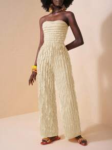 Slaydiva 2025 Summer New Arrival, Music Festival, Wedding Season, Easter, Western Style, Nomadic Style, St. Patrick's Day, Birthday Party, Graduation Season, Student Wear, Daily Casual, Leisure, Vacation, Cruise Travel, Beach, Sunbathing, Fashionable, Texture, Strapless, Yellow, Plus Size Women Jumpsuit Ruffle Jumpsuit Women Jumpsuit Summer Jumpsuit Vacation Outfit Tube Top Jumpsuit - Apricot - View 7