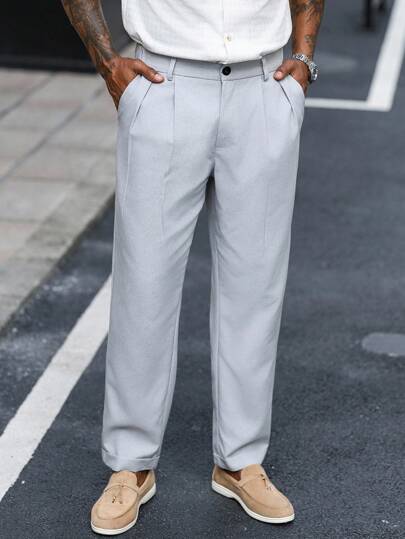 Manfinity Homme Men's Solid Color Fold Pleated Pocket Casual Pants Men Pleated Dress Pants Men Light Grey Dress Pants Men Suit Pants