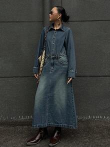 DAZY 女士休闲水洗长款牛仔连衣裙 - 藍色 - 查看 3