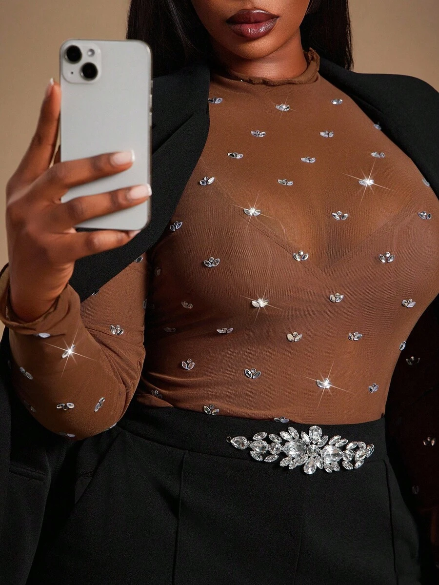Radiana Plus Size Women's Fall & Winter, Spring & Summer Elegant Gorgeous Glamorous Sexy Basic Handmade Rhinestone Decoration With Mesh Fabric See-Through Tights Top Sheer Rhinestone Top See Through Top Brown Rhinestone Top Bling Top, Fall Winter, Banquet, Feast, Dinner Party, Prom, Ball, Urban, Sexy , Elegant, Formal Event, Modest, Chic, Holiday, Date Night, Gathering, Birthday, Bachelorette Party , Cocktail, Old Money
