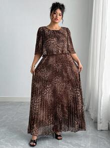 Vionelle Váy xếp ly họa tiết da báo thanh lịch cỡ lớn, Xuân/Hè - màu nâu - Xem 3