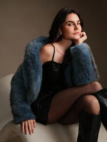 Anewsta 女士时尚新款翻领长款人造皮草大衣，冬季 - 霧霾藍 - 查看 6