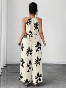 Elenzga Plus Size Women's Elegant Floral Print Halter Jumpsuit, Summer - White - View 2