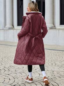 SHEIN Cottnline Women's Solid Color Long Padded Coat With Fleece Lining And Turn Down Collar - Violet Purple - View 2
