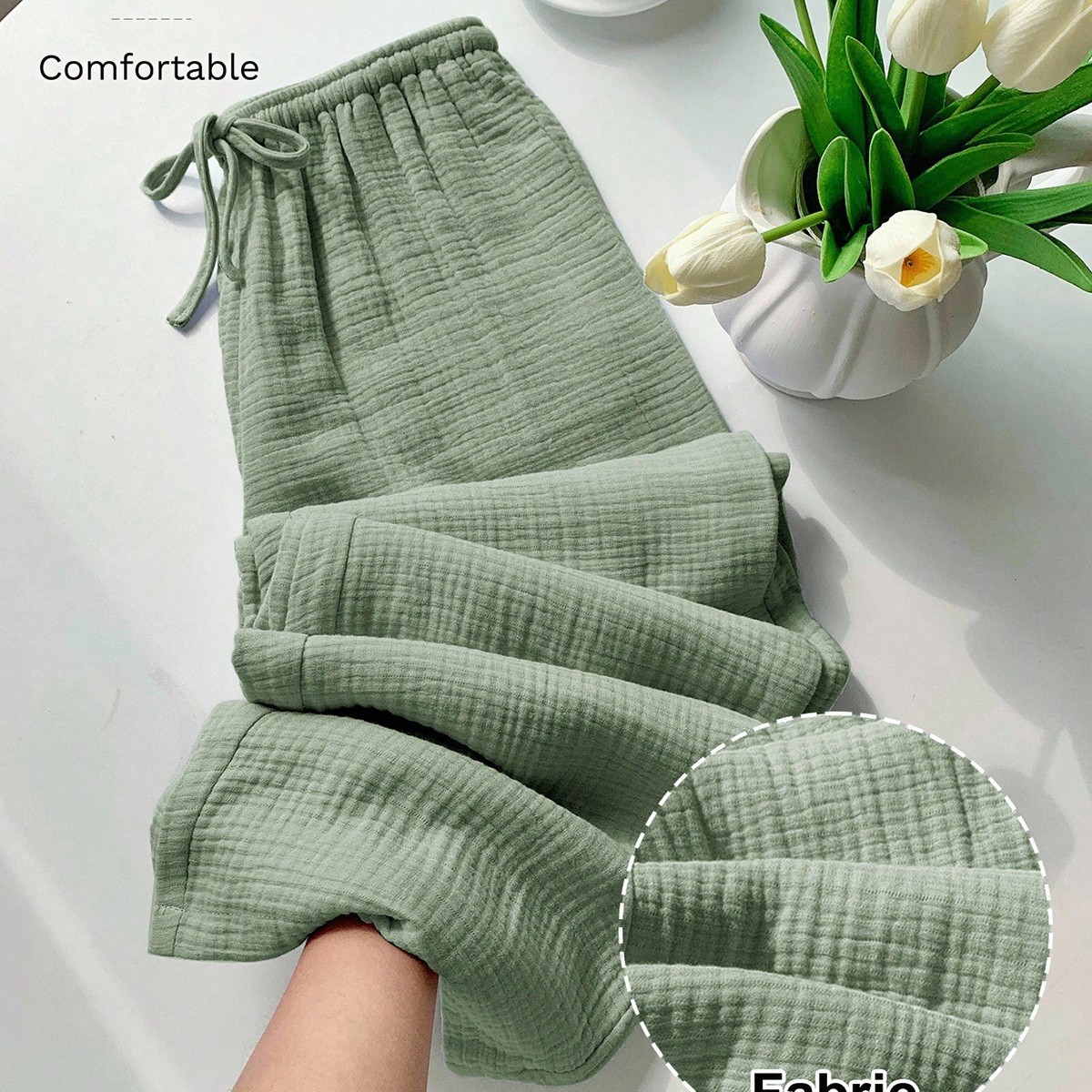 Sage Green Plus Size Women's 100% Cotton Wide Leg Pants,Summer Curve Tie Waist Casual Bottoms,Smart Casual Loungewear For Beach,Vacation,Daily Commute