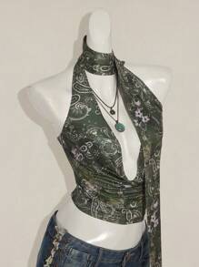 SHEIN ICON Y2k V 领西部女式波西米亚海滩女式嬉皮夏季外出复古佩斯利印花女式全身花卉印花垂坠性感吊带背心，夏季度假休闲 - 綠色 - 查看 6