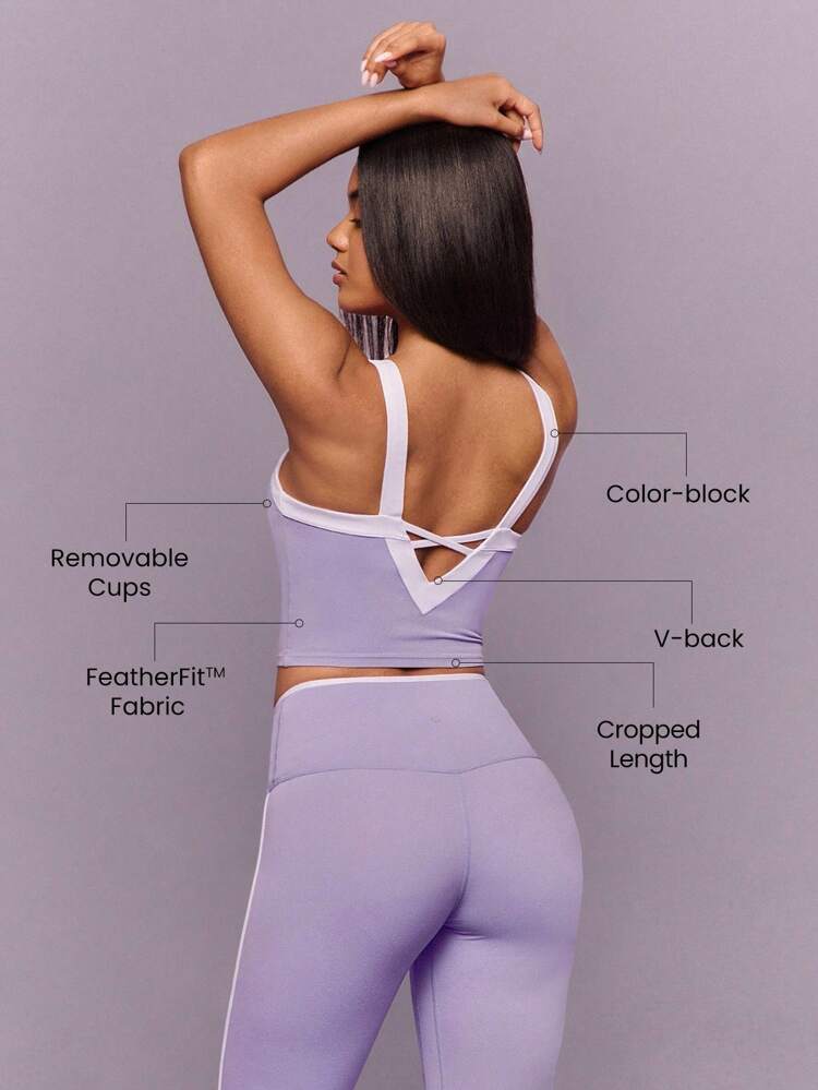 FeatherFit™ Retro Glow Soft Stretchy Sweat-Wicking Removable Cups Deep V-Back Two-Tone Cropped Tank Top Low-Impact Yoga Pilates Barre Gym Studio Daily Casual Wear  Spring Summer