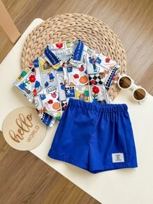 SHEIN 2 件套婴儿男童/女童休闲百搭可爱卡通图案短袖 Polo 衫和松紧腰短裤适合夏季、春夏穿着