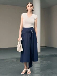 Uhlyne 优雅休闲亚麻系带长裙 - 藏蓝色 - 查看 7