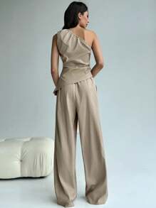 Aloruh 无袖斜领侧褶通勤时尚女衬衫+高腰阔腿宽松裤套装 - 卡其色 - 查看 3