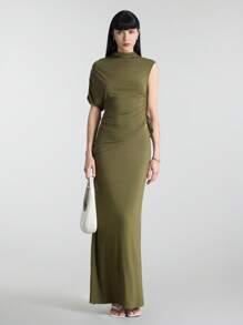 Ontre 2025新款休闲女T恤宽松都市风商务休闲军绿色女式立领斜肩修身不对称下摆夏季上衣 - 軍綠色 - 查看 6