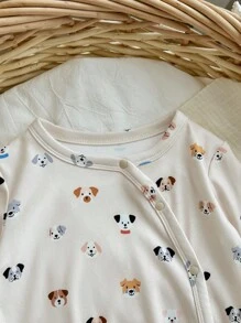 2 件装新生男婴可爱小狗印花圆领前开长袖连体衣带扭结帽，柔软舒适家居服套装 - 卡其色 - 查看 4