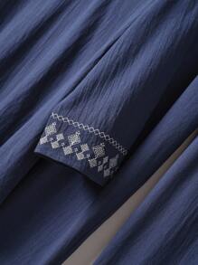 Rusticease 女款幾何刺繡V領長袖襯衫與長褲休閒兩件套 女款兩件套長褲套裝 女款套裝 女款兩件套套裝 棉質兩件套 秋季校園服裝 商務休閒 女款服裝仙女風 工作/辦公室秋季服裝 女款秋季服裝 - 藏蓝色 - 查看 4