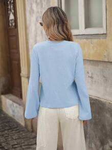 Brillora Women's Plain Woven Flared Long Sleeve Loose Regular Blouse, Vacation Wear,Cute Summer Top,European Summer - Blue - View 2