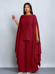 SOLERSUN Bộ đồ vest hai mảnh, bộ đồ ngày lễ rộng rãi, vải mùa thu cho nữ - Màu Đỏ Sâu - Xem 3