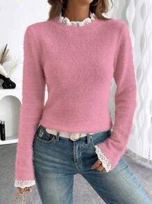 EMERY ROSE Fashionable & Sweet Lace Collar 3D Soft Faux Fur Pullover Sweater, Versatile For Autumn/Winter, European And American Style Knit Pullover Fall - Pink - View 3
