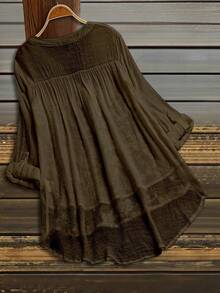 SHEIN LUNE 大码休闲纯色花卉刺绣缺口领衬衫 - 咖啡棕 - 查看 2