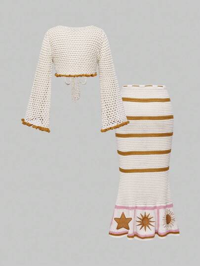 Hippie Blusa bohemia de estilo hippie bordada combinada con falda de sirena con estampado de luna y estrellas para mujer