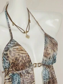 SHEIN ICON 复古豹纹露背挂脖无袖上衣，侧开衩下摆