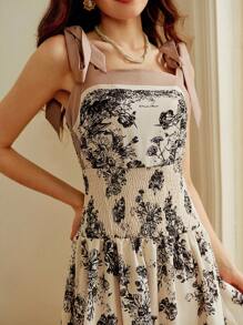 SHEIN Clasi Halloween Holiday Back To School Sweet Style Floral Tie Smocking Stitch A Line Midi Flowy Dress Fall Outfits - Multicolor - View 4