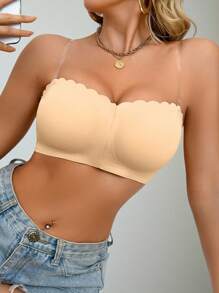 SHEIN Casual Comfy Simple Style Seamless Soft Wireless No Rims Thin Pad Wavy Edge Front Buttoning Jelly Strapless Bra - Apricot - View 4