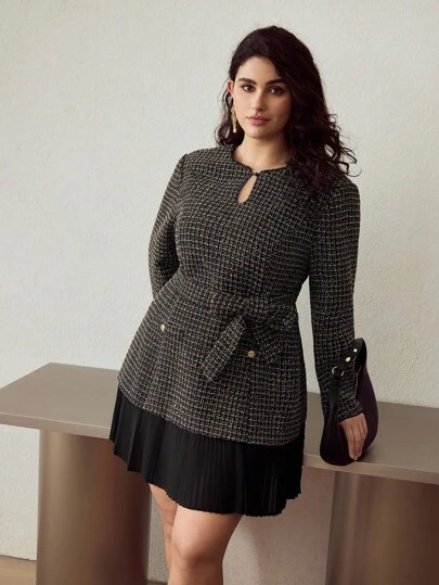 MOTF PREMIUM 秋冬大码时尚长袖粗花呢拼布褶饰迷你连衣裙