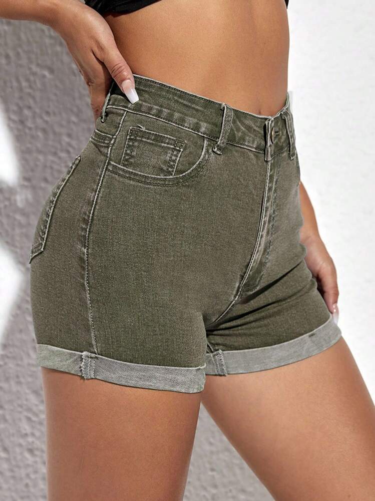 SHEIN ICON Summer Casual Washed High Waist Slim Fit Denim Shorts - Army Green - View 5