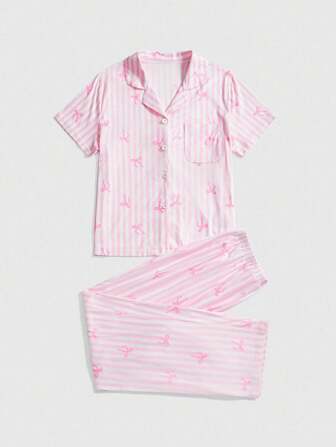 Kawaii Conjunto de pijama casual de mujer con pantalones, estampado de rayas y lazo, de manga corta, para verano
