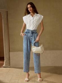 MOTF PREMIUM HIGH WAIST FOLD PLEATED SLANT POCKET TAPERED JEANS