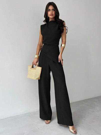 Firerie 卡其色简约优雅休闲通勤办公室服装：无袖不对称褶皱腰女式衬衫 + 常规褶皱阔腿女式裤子、亚麻通勤套装、女士沙滩装、机场装、度假装、教师装