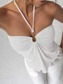 Aloruh Women's Solid Color Halter Neck Ruched Backless Asymmetric Hem Camisole,Halter Top - White - View 3