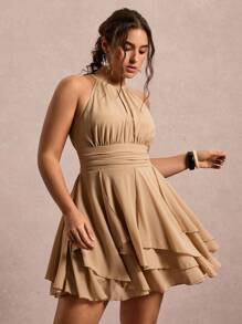 Freevana 大码女式无袖纯色收腰简约休闲连衣裙，时尚优雅 - 卡其色 - 查看 6